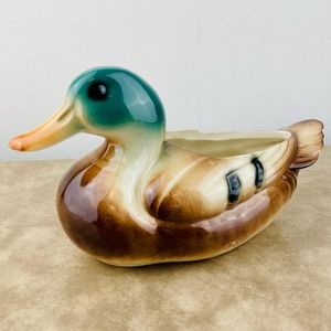 Vintage Mallard Duck Planter Ceramic Painted Green Head Bird Midcentury Decor